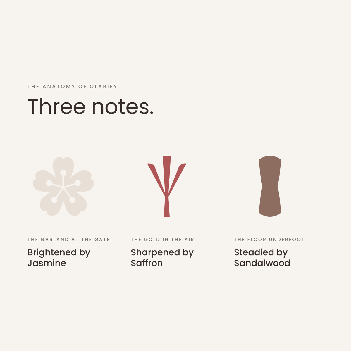 Three notes: jasmine, saffron, sandalwood, the anatomy of Clarify