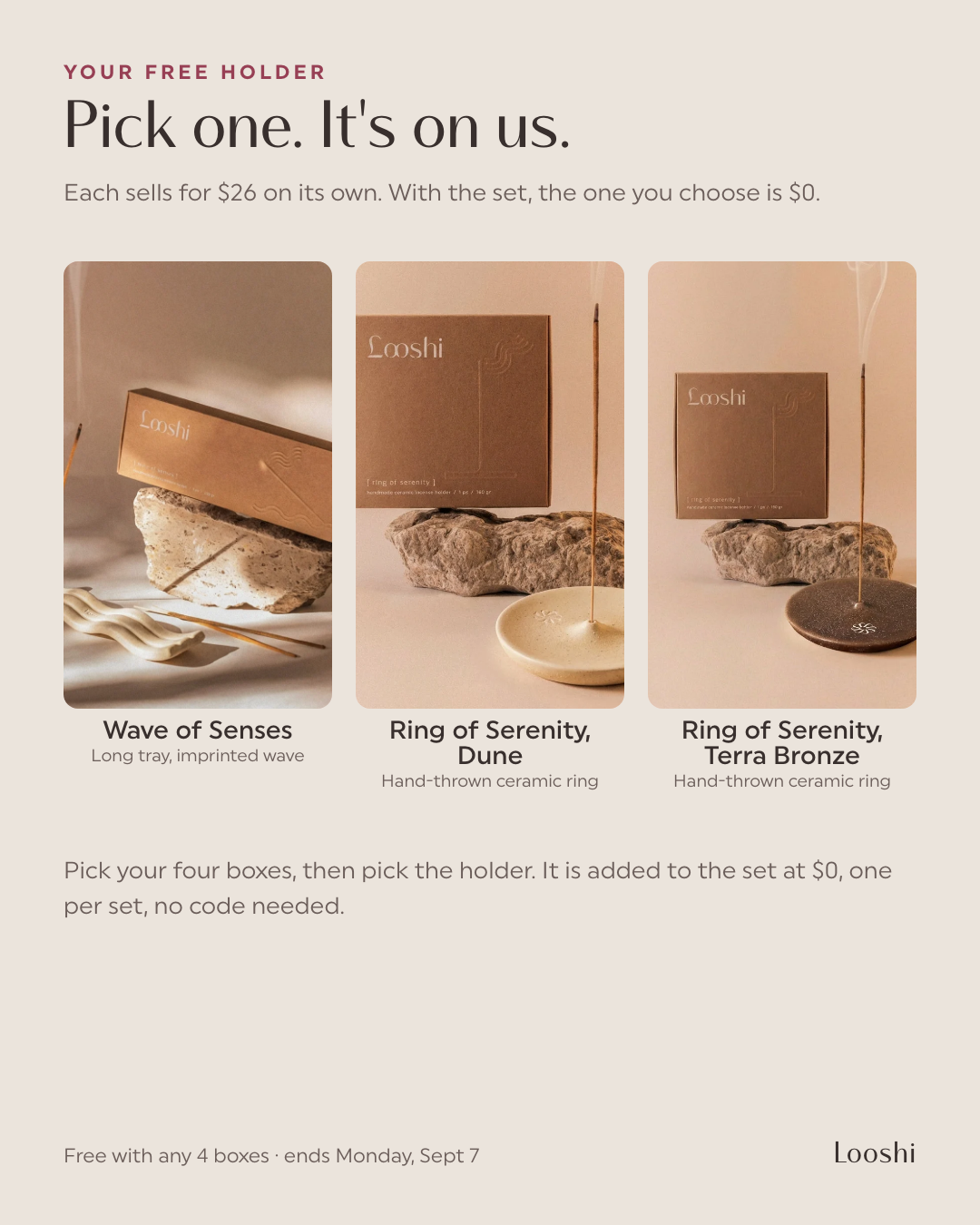 The three holders: Wave of Senses, Ring of Serenity in Dune and Terra Bronze, free with the set