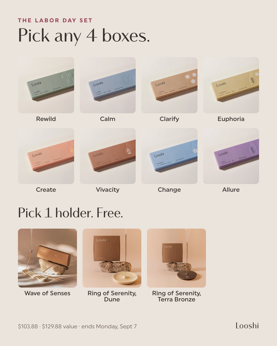 Pick any 4 boxes from 8 scents, then 1 of 3 holders free