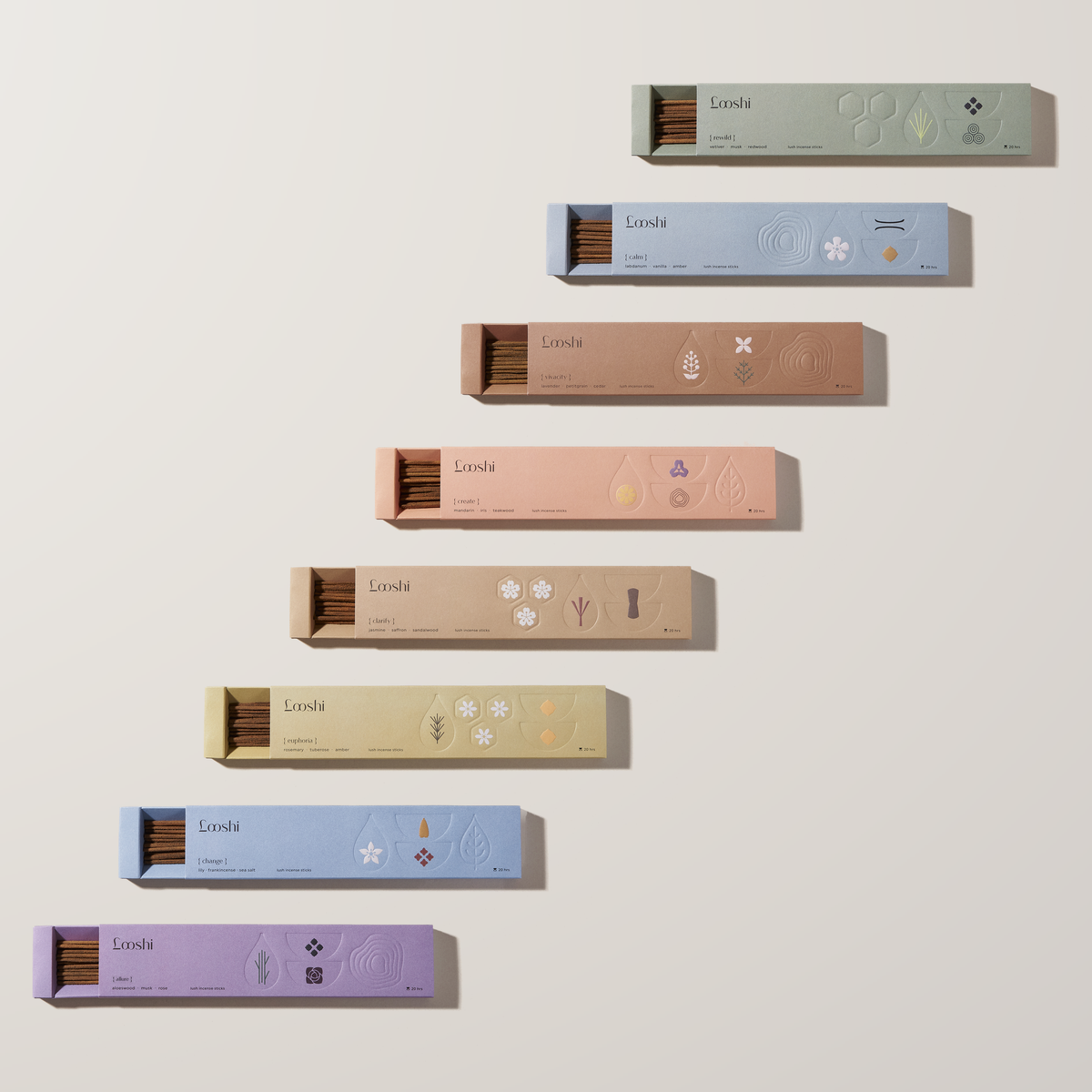 The Complete Set: Rewild, Calm, Vivacity, Create, Clarify, Euphoria, Change and Allure incense boxes