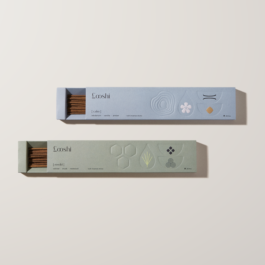 The Grounding Duo: Calm and Rewild incense boxes