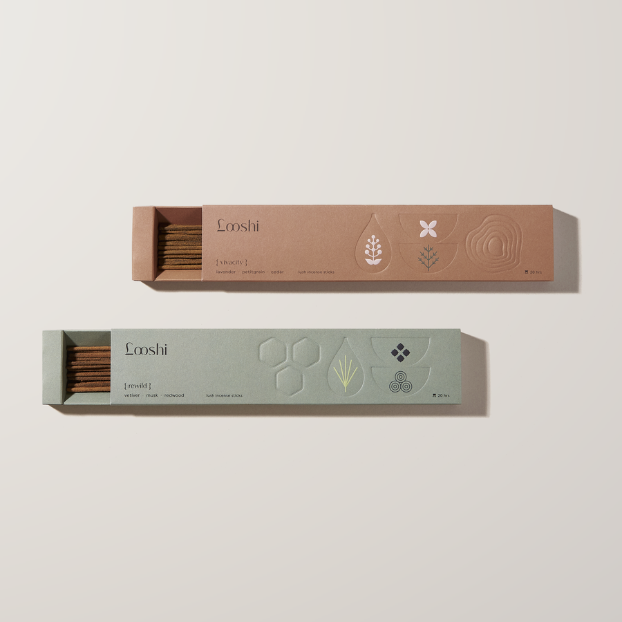 The Morning Duo: Vivacity and Rewild incense boxes