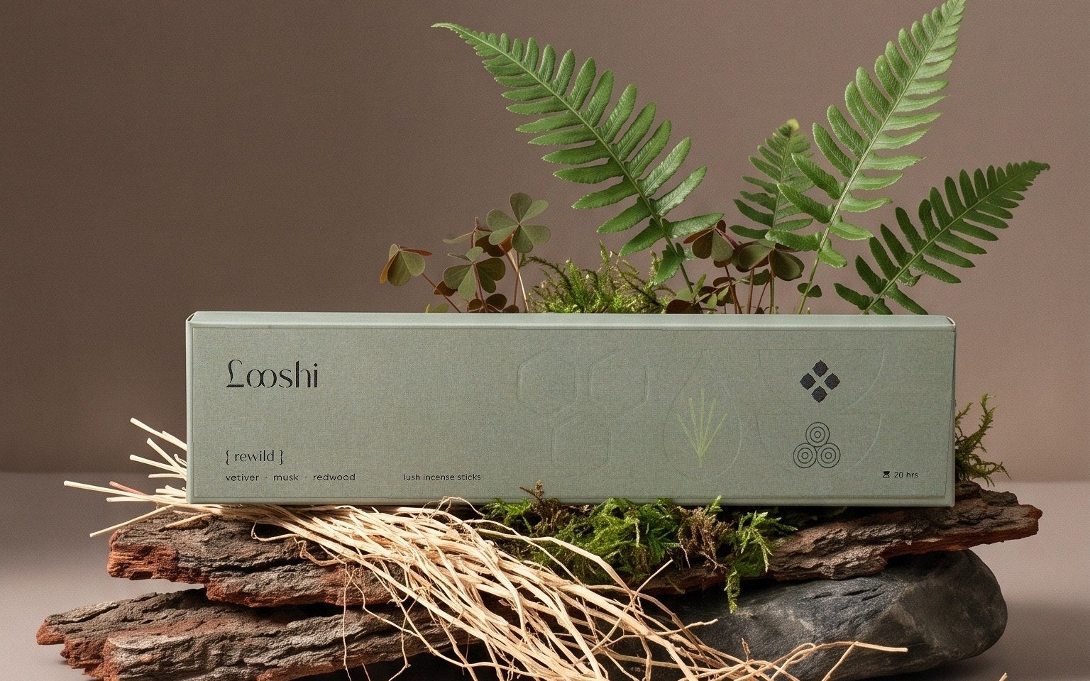 The Rewild box on redwood bark and stone among ferns, moss and vetiver roots